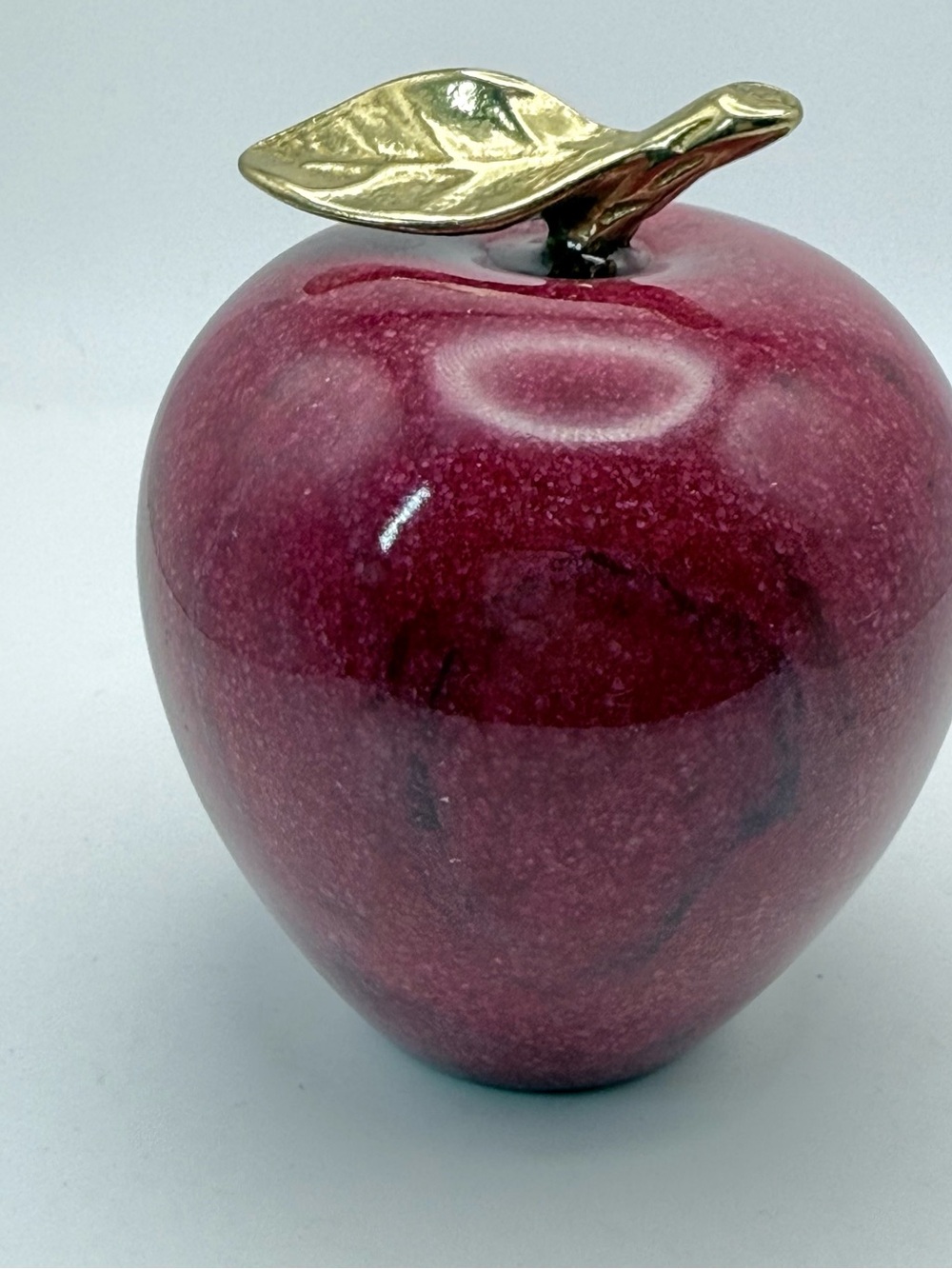 Vintage Red Marble Apple Paperweight Brass Stem Leaf